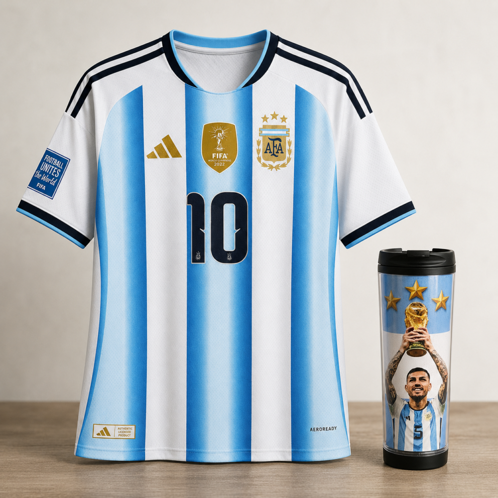 Combo Argentina Campeona: Remera + Vaso Térmico Messi